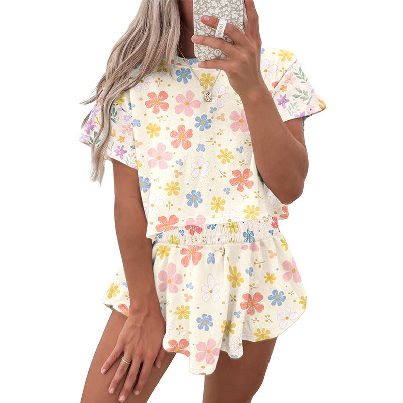 Summer New Fresh Floral Fashion Suit Women's Casual Short-sleeved T-shirt Shorts