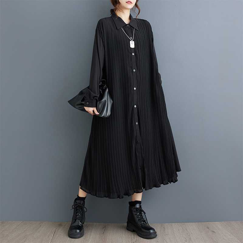 Dark Double-layer Pleated Stitching Long Sleeve Dress