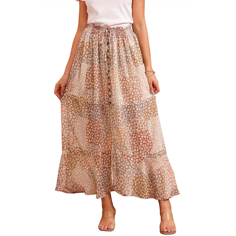Bohemian Casual Pleating Button Split High Waist Long Dress For Women