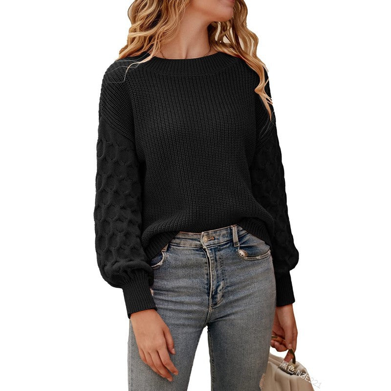 Women's Fashion Lantern Sleeve Knitted Solid Color Top