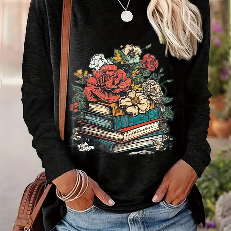 Spring And Autumn Women Casual Simple Pattern Printed Round Neck Long Sleeve T-shirt