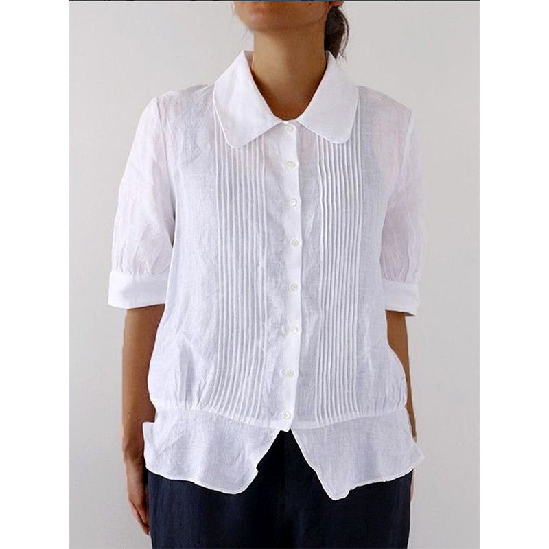 Women's Casual Pleated Peter Pan Collar Short Sleeve Shirt