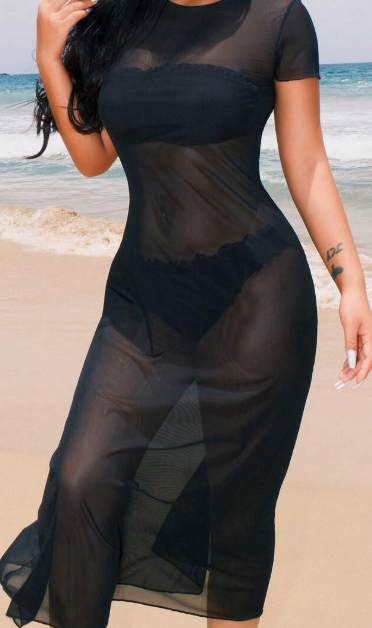 Women Solid Color Round Neck Short Sleeve Sheer Cover Up Dress