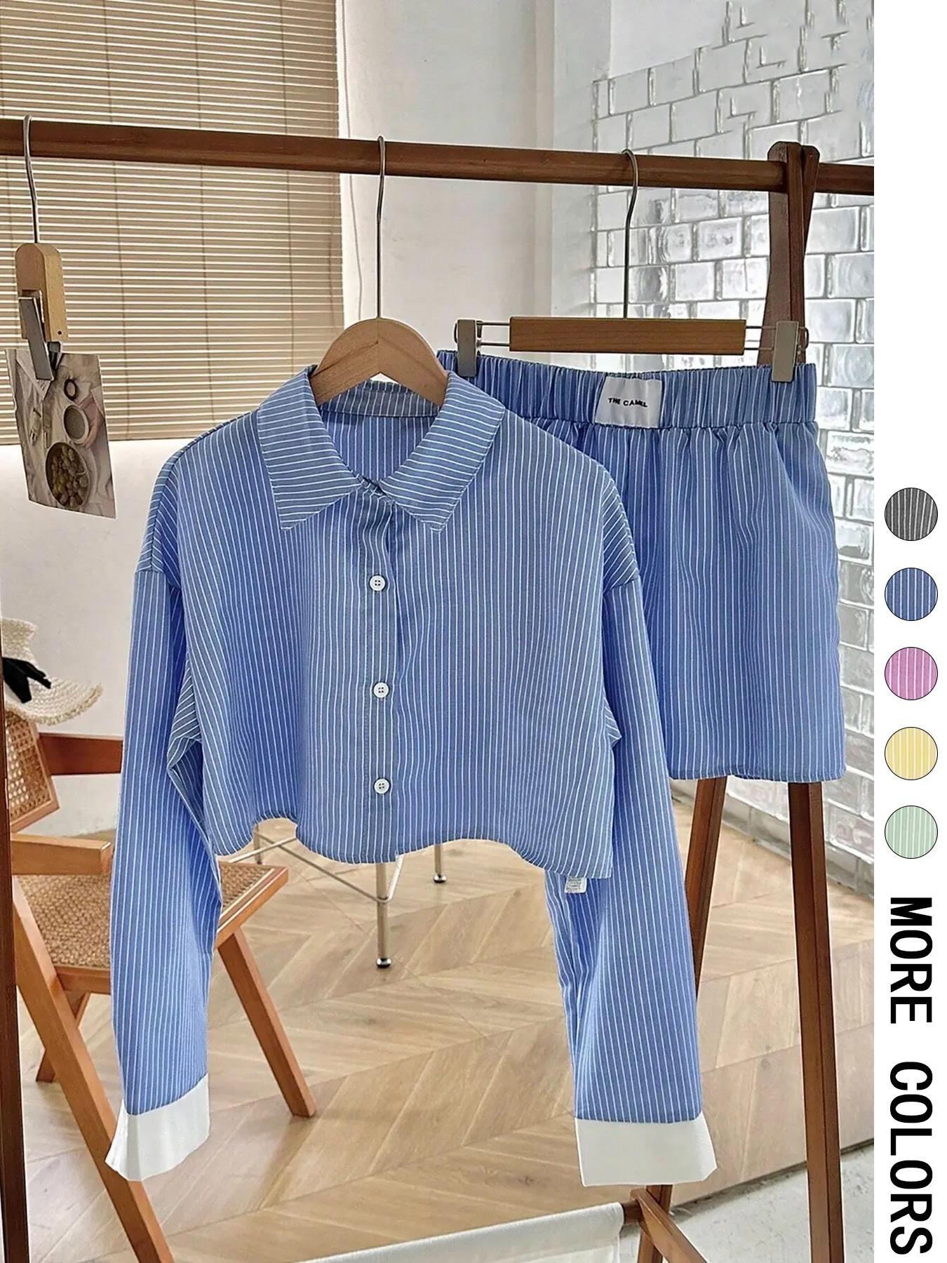 Womens New Color-Block Striped Long-Sleeve Set