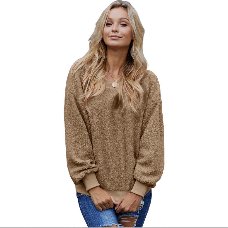 Autumn And Winter New Solid Color Pullover Round Neck Long Sleeves Women's Tops Loose Casual