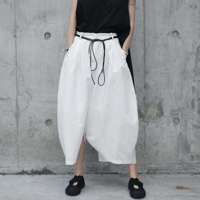 White Cotton Linen Pants Circular Linen Loose Casual Culotte