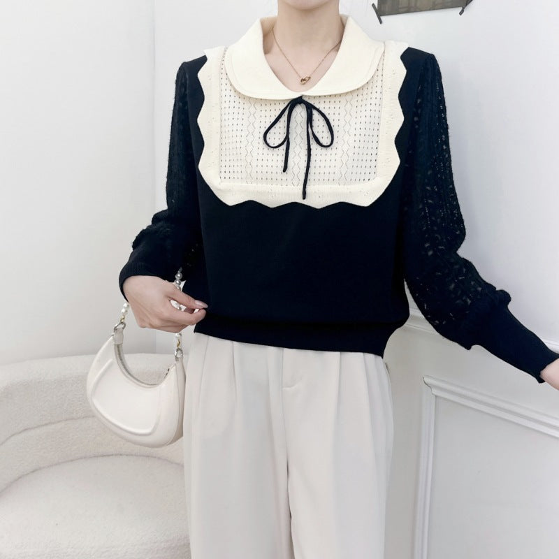 Women's French-style Contrast Color Long Sleeves Knitted Top