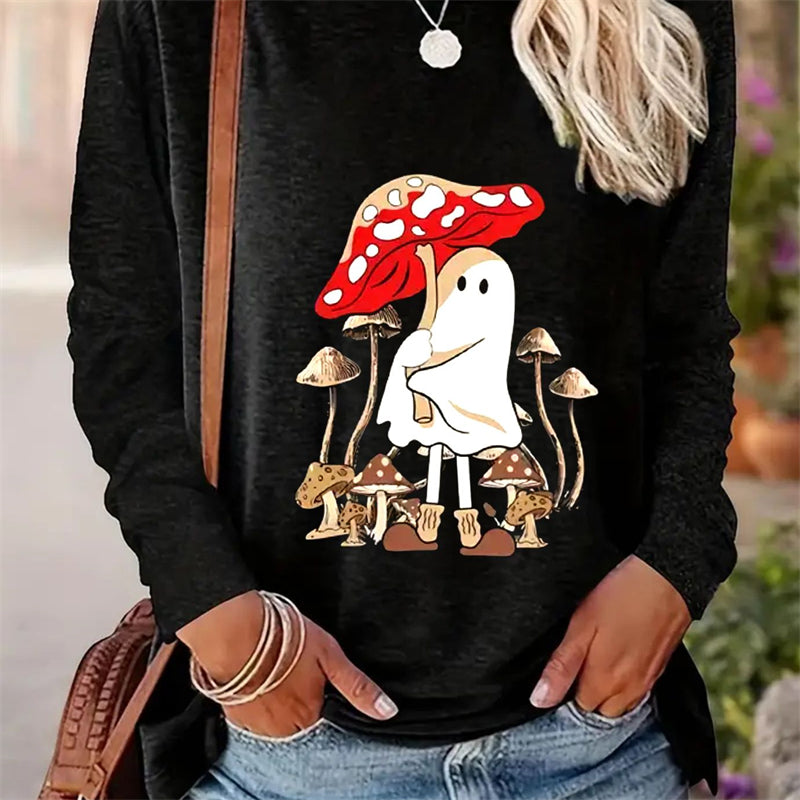 Spring And Autumn Women Casual Simple Pattern Printed Round Neck Long Sleeve T-shirt