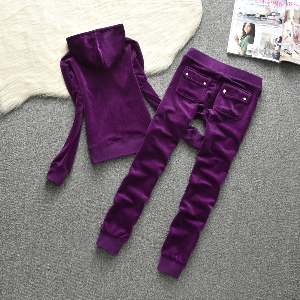 New Autumn Leisure Sports Suit Women's Velvet Slim-fit Hood Straight Solid Color
