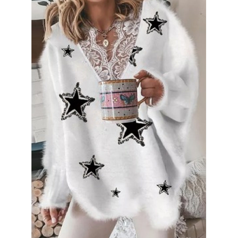 Women's Fashion V-neck Lace Pentagram Printed Knitted Jacket