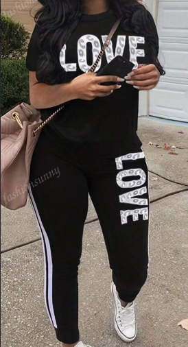 Women Casual Leopard & Letter Print Short Sleeve Top And Pants 2pcs Sports Set, Cross-Border Wholesale