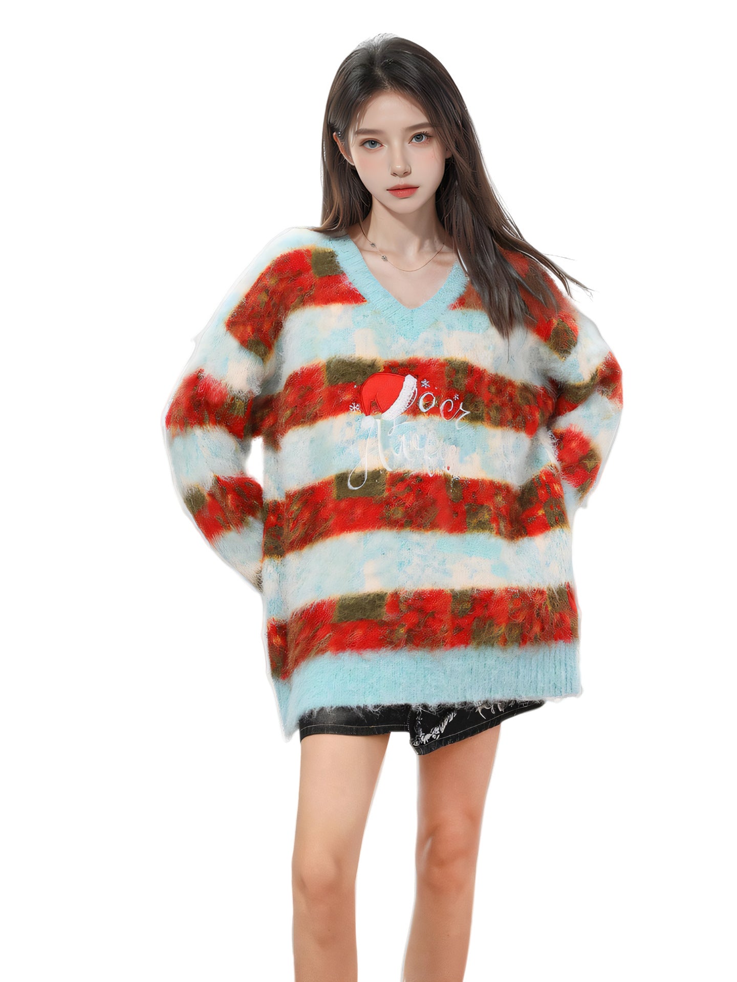 Women's Striped Contrast Color V-neck Pullover Sweater