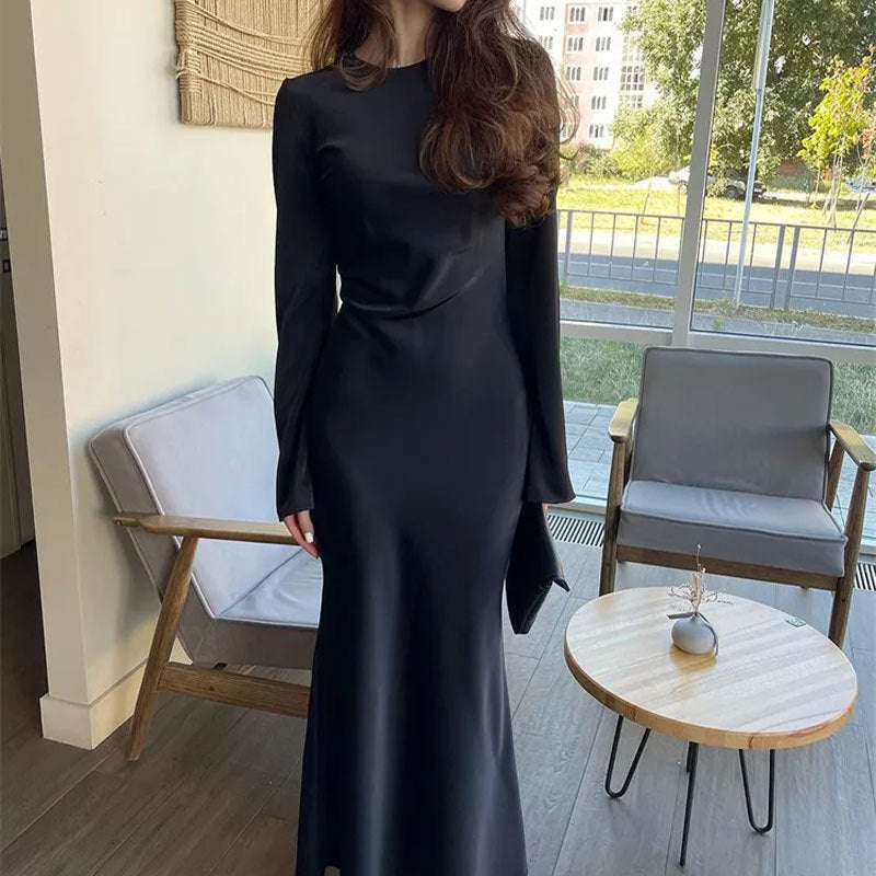 Women's Clothing Temperament Pure Color Long Sleeve Round Neck Waist Trimming Sheath French Dress