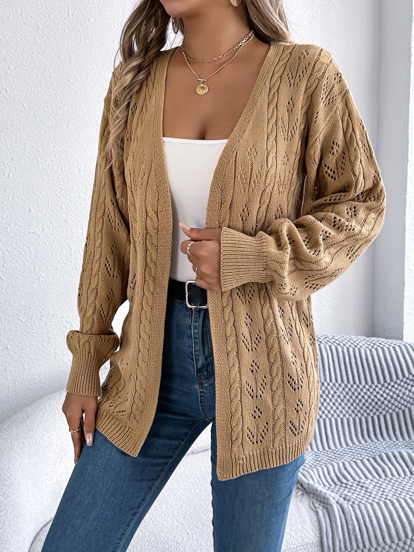 Women Casual Solid Color Hollow Out Long Sleeve Cardigan Sweater Coat