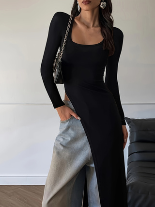 Fashion Personality U-neck Slim Fit Slit Long Sleeve Dress