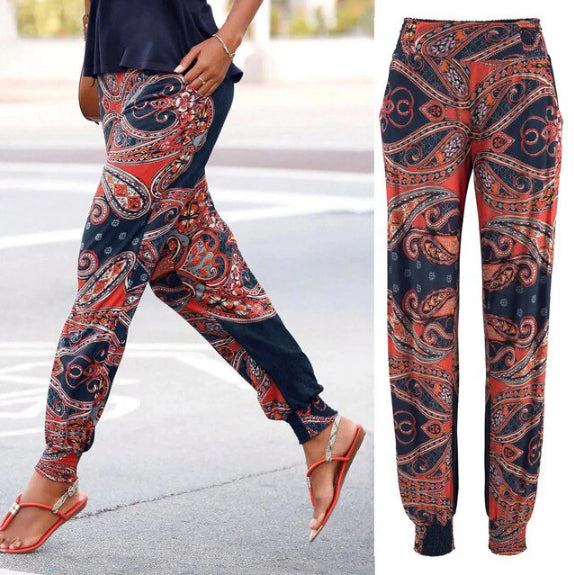 European And American Style Women Printed Pocket Casual Pants