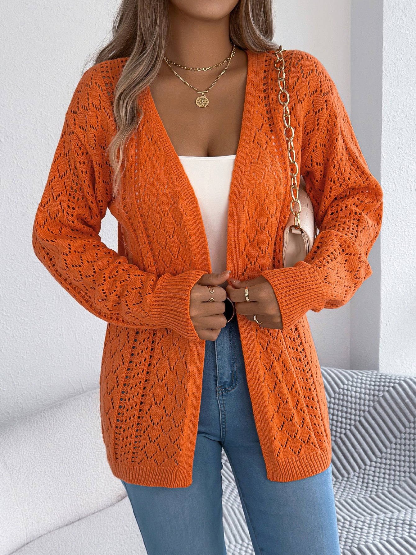 Women Hollow Out Lantern Sleeve Long Sleeve Cardigan Sweater Coat