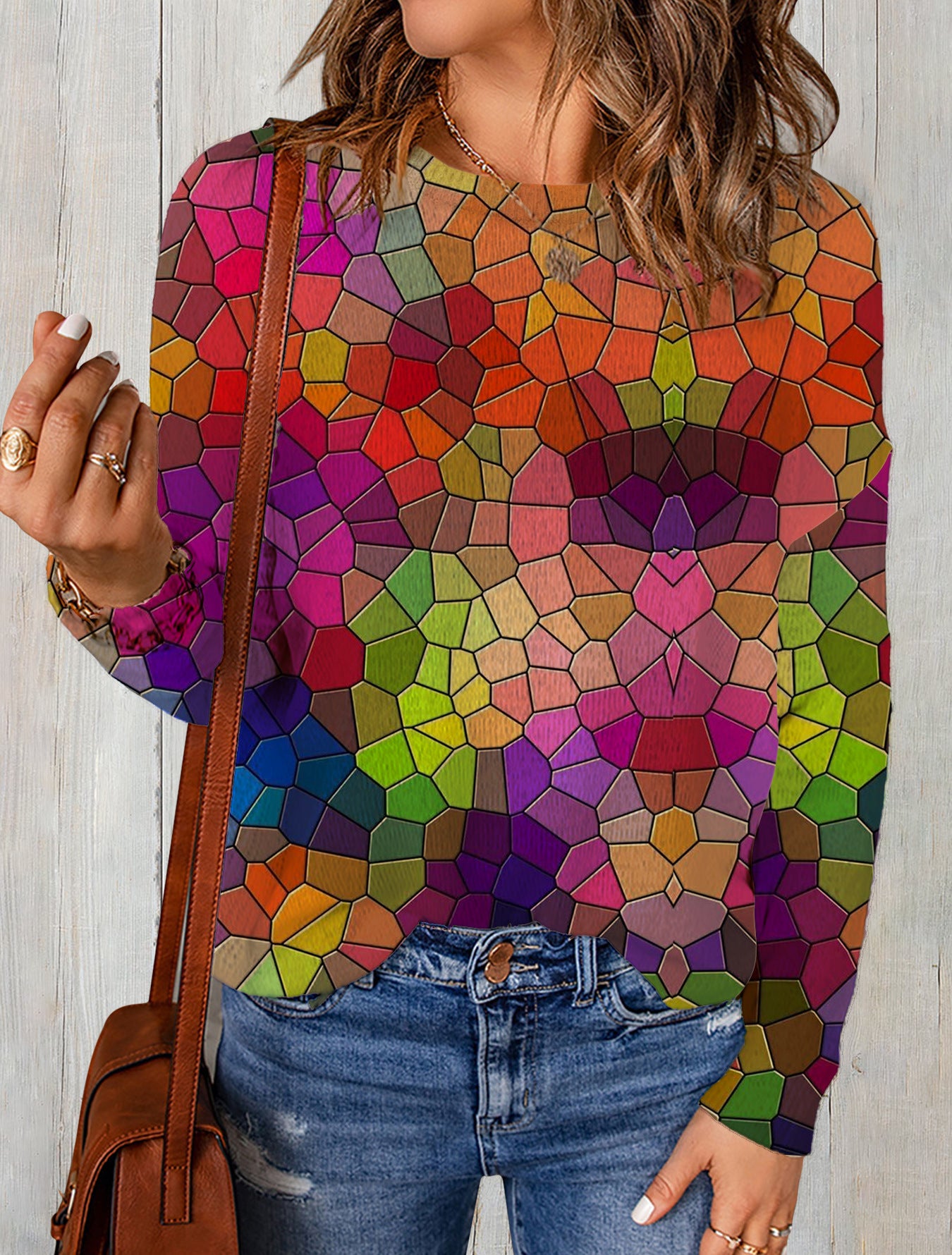 Women's Multi-color Mosaic Printing Color Contrast Round Neck Sweater