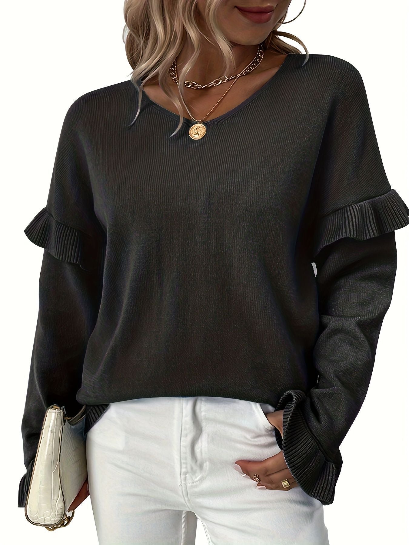 Solid Color And V-neck Petal Sleeve Sweater For Women