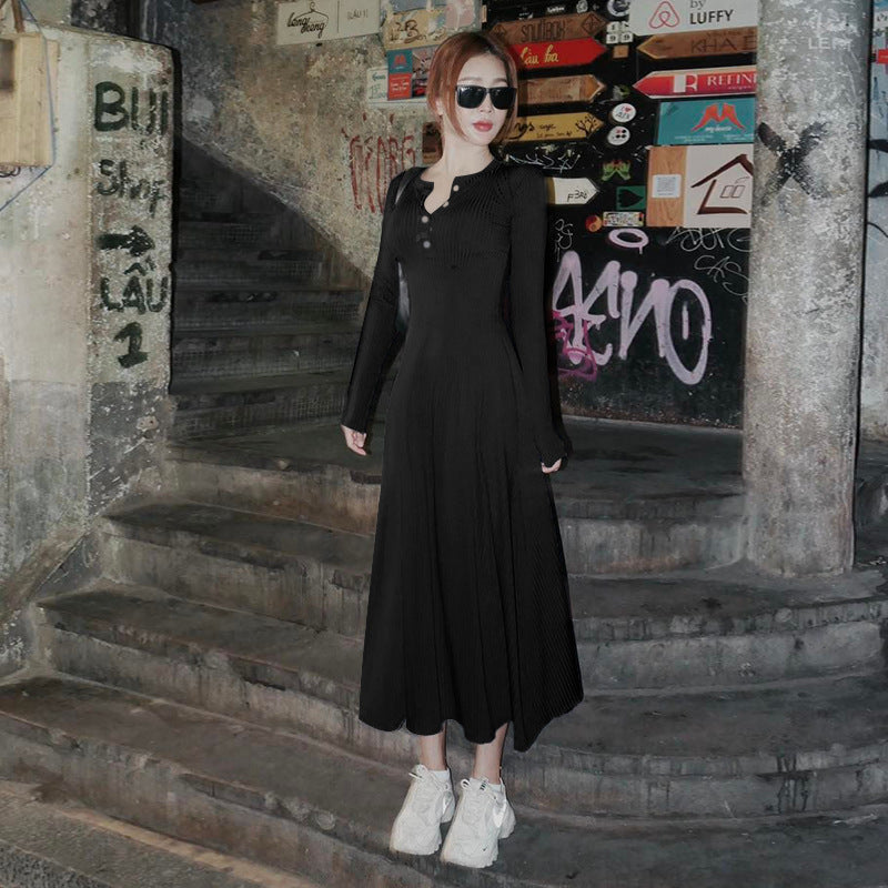 V-neck Knitted Long Sleeves Fashion Slim-fit A- Line Midi Dress