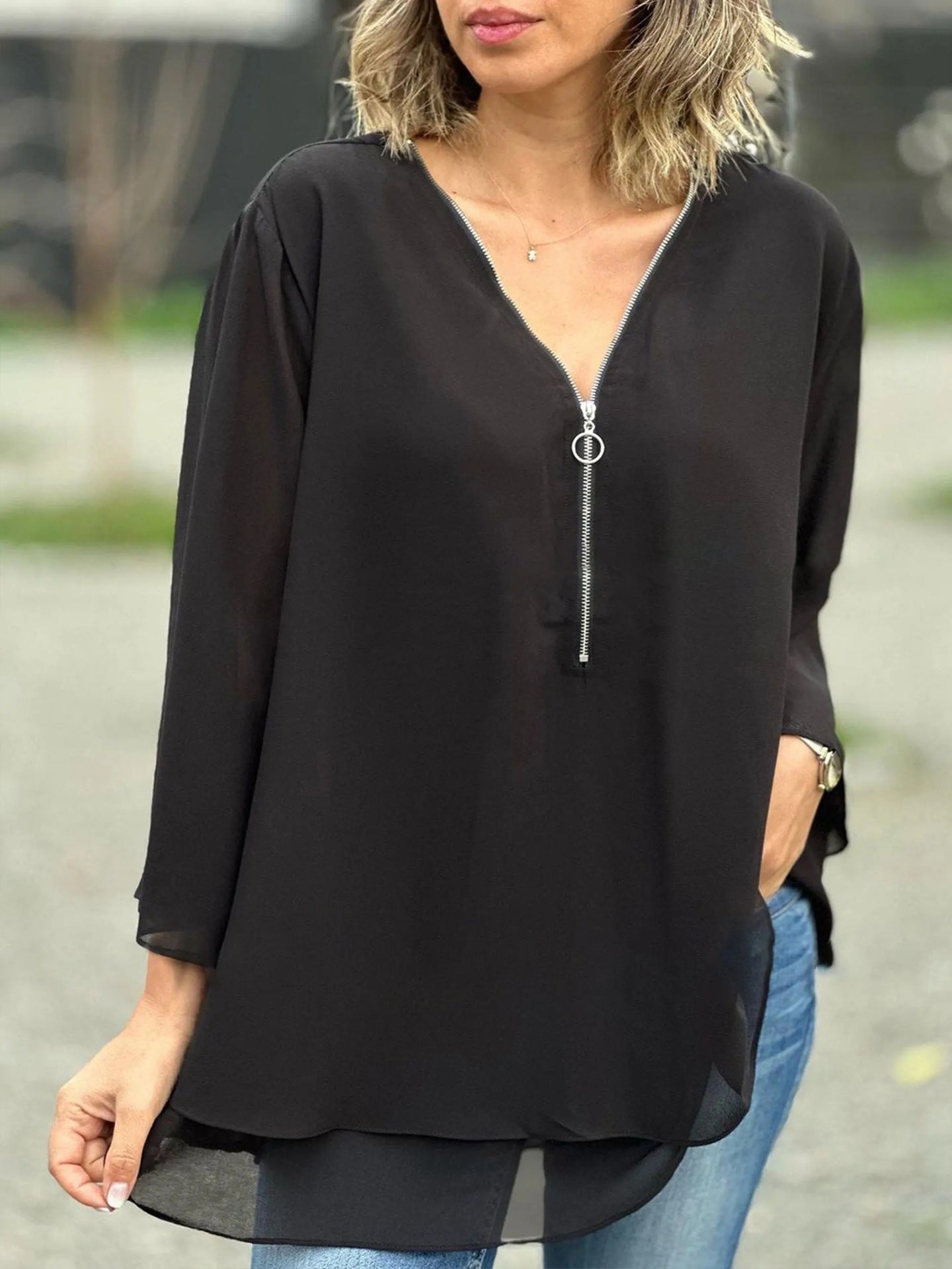 V-neck 34 Sleeves Casual Chiffon Top Metal Loose Zip