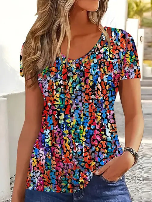 Digital Printed Pattern Women's Short Sleeved Round Neck