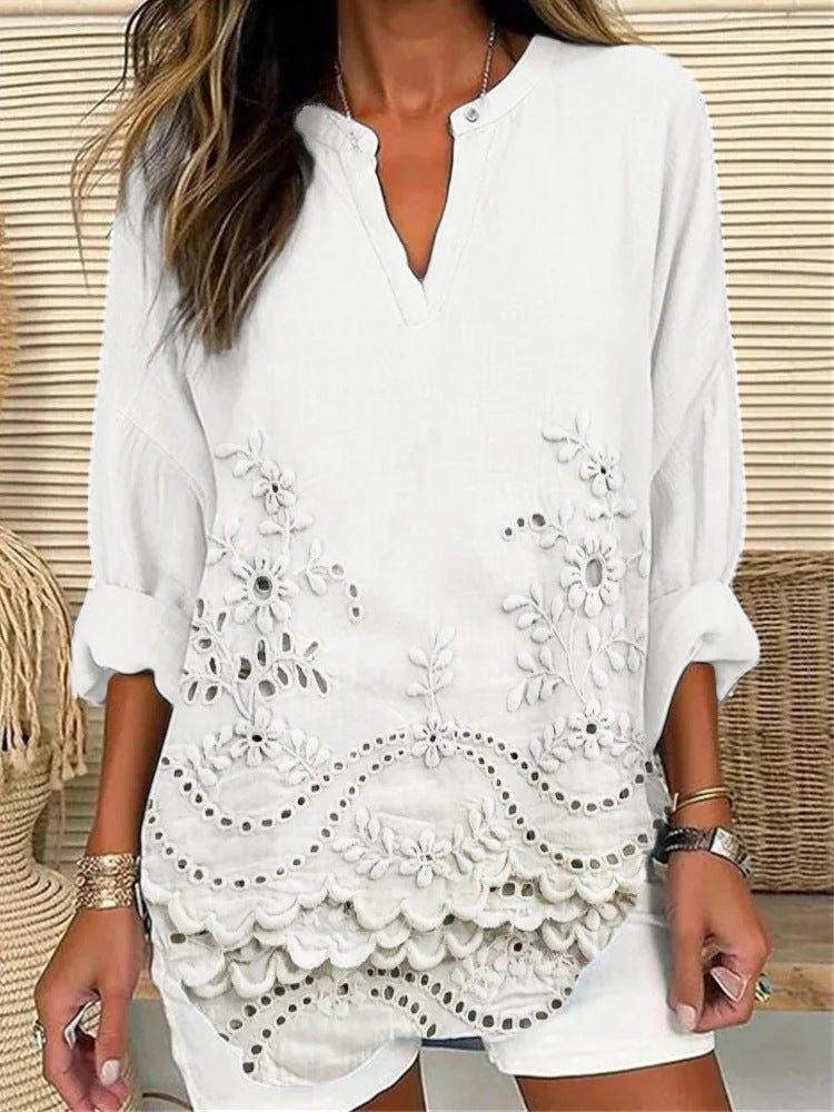 Loose V-neck Printed Long Sleeved Shirt