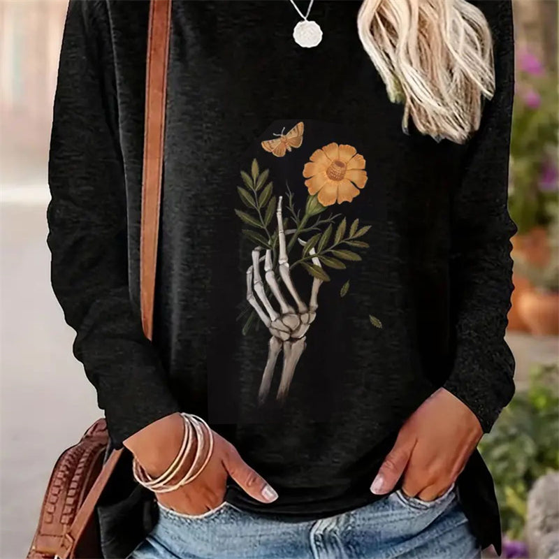 Spring And Autumn Women Casual Simple Pattern Printed Round Neck Long Sleeve T-shirt