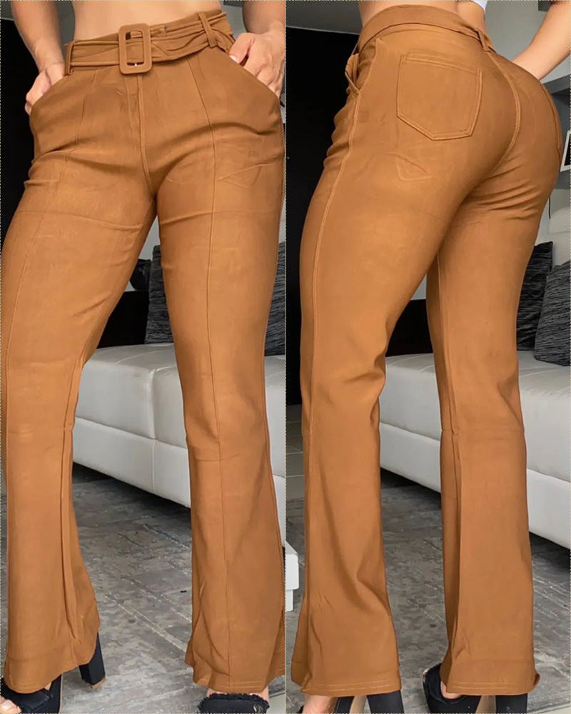 Women's Solid Color In Stock Slim-fit Trousers With Size Belt