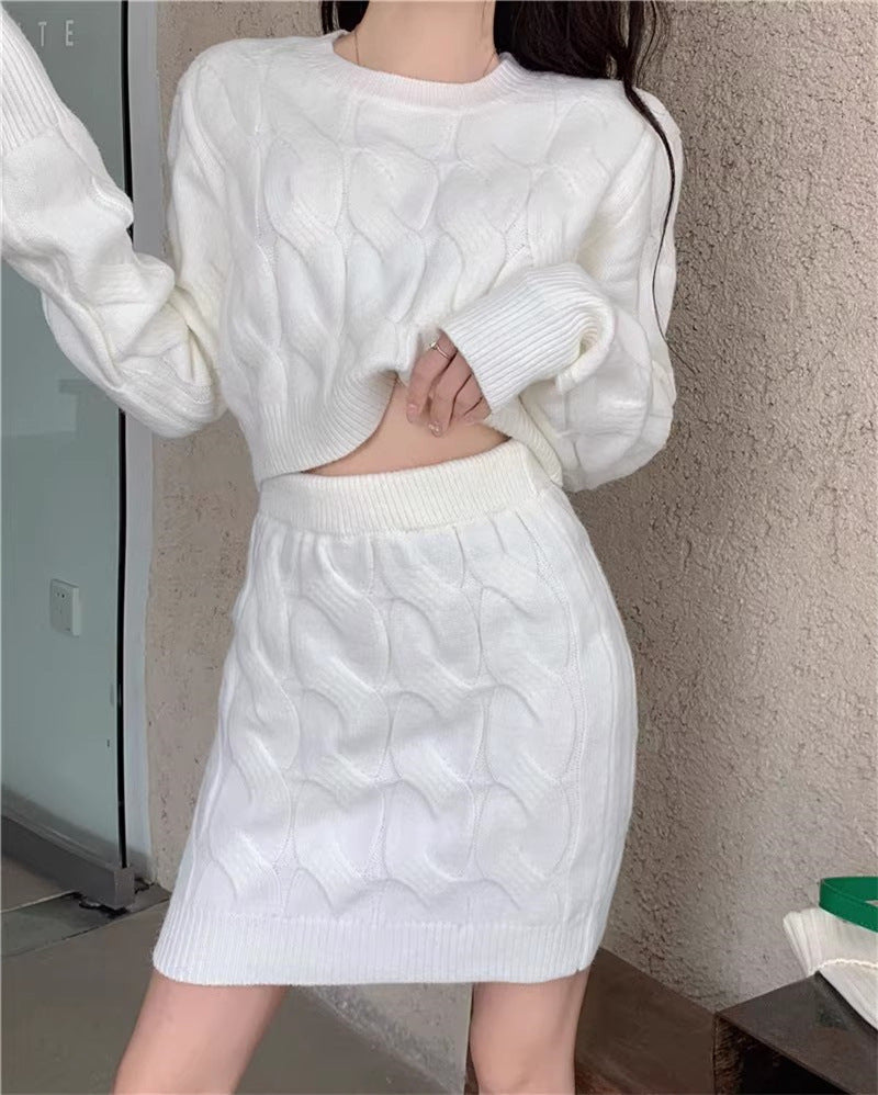 Women's Fried Dough Twists Sweater Knitting Buttocks Skirt Suit