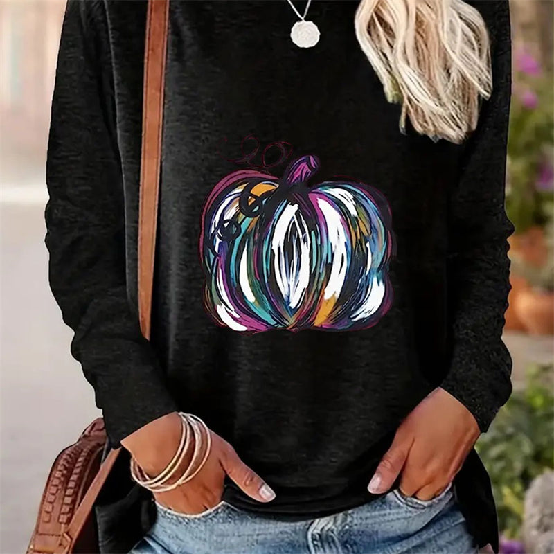 Spring And Autumn Women Casual Simple Pattern Printed Round Neck Long Sleeve T-shirt