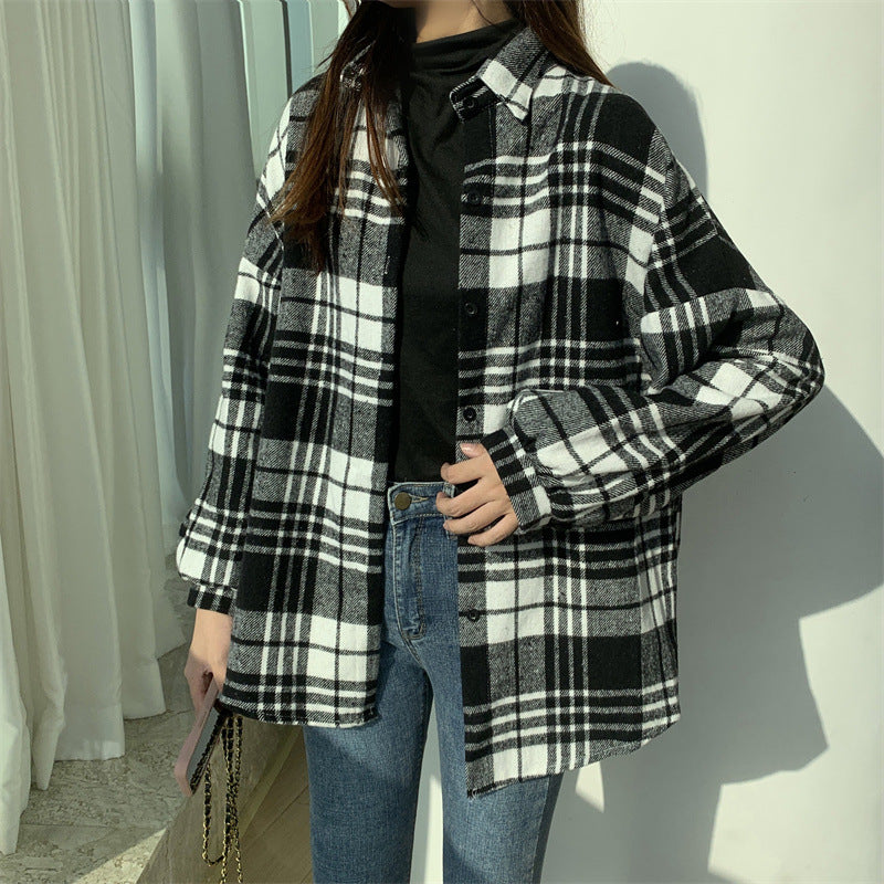 Retro Brushed Plaid Long-sleeved Shirt For Women