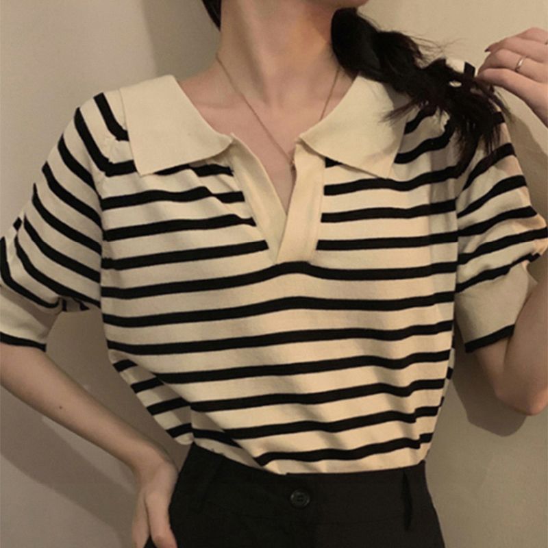 Loose Design Summer Top Contrast Color V-neck Striped T-shirt