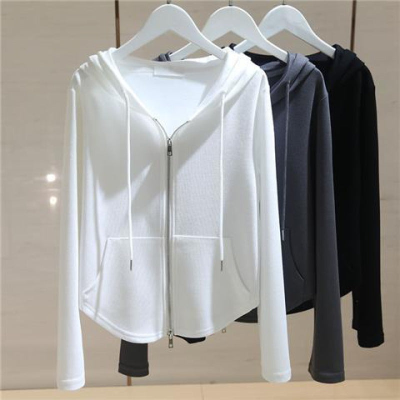 White Hooded Long Sleeve Zipper Short Sweater