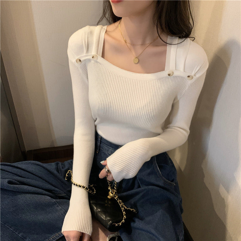 Women's Square Collar Long Sleeve Knitted Bottoming Shirt