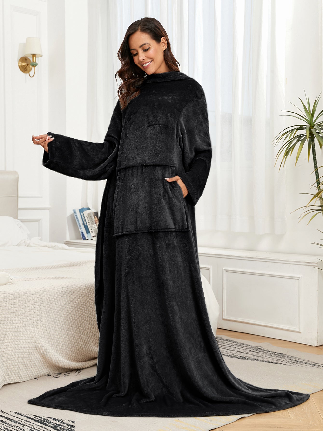 RONGTAI Fleece Wearable Blanket With Sleeve And Pocket For Adults, Cozy Warm Full Body Wrap Throws Blanket Robe, Navy, Oversized