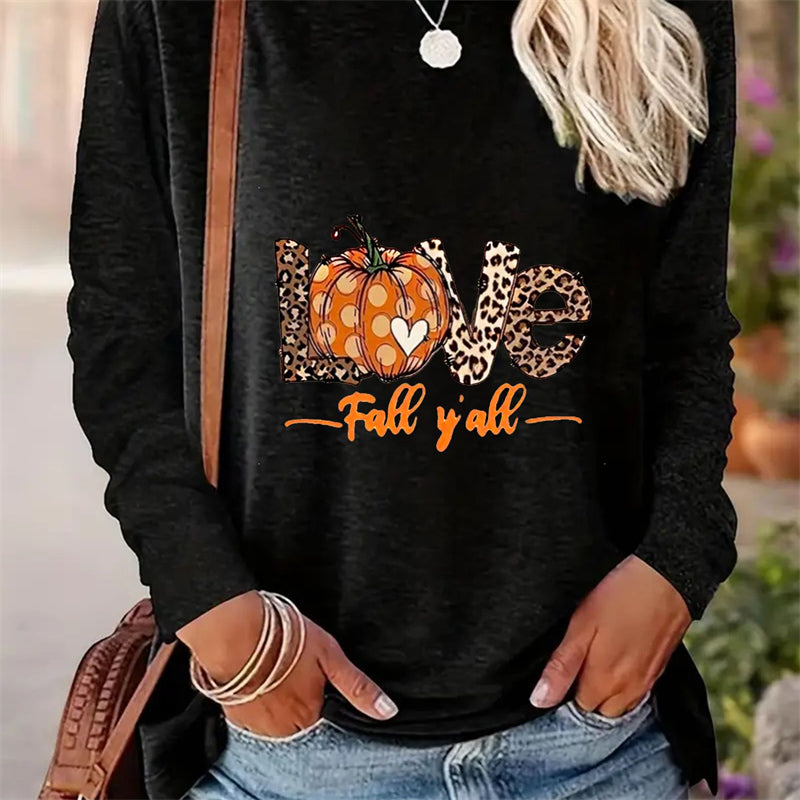 Spring And Autumn Women Casual Simple Pattern Printed Round Neck Long Sleeve T-shirt