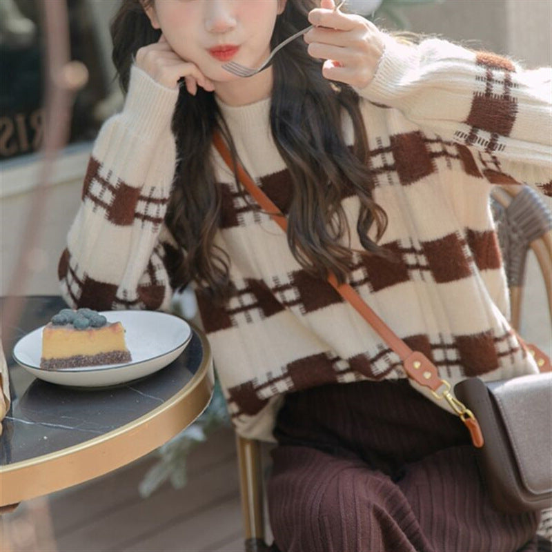 Pullover Plaid Sweater For Women Loose Outer Wear