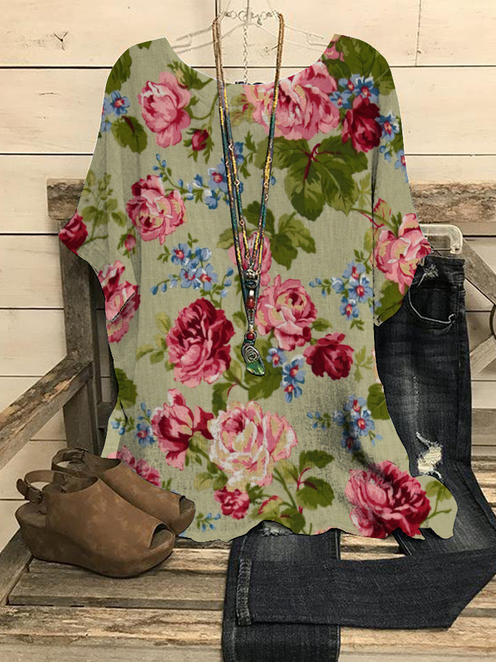 Loose Round Neck Short Sleeve Cotton And Linen Top For Women