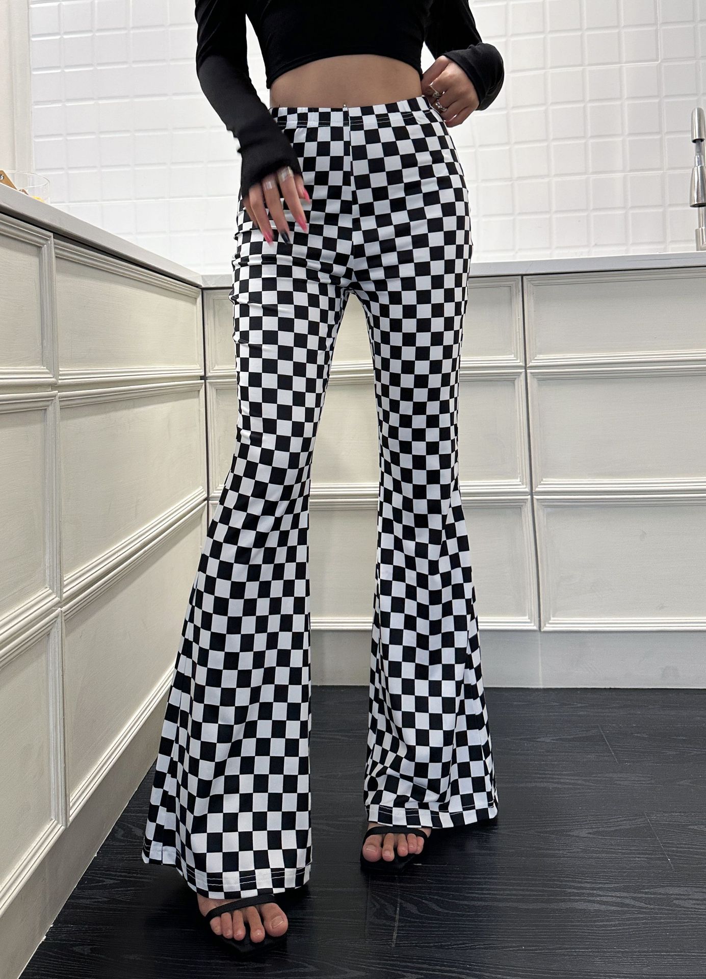 New Checkerboard Flare Pants Women's Fitness Yoga Clothes High Waist Showing Long Legs Tight Nude Sports Leisure Street Style