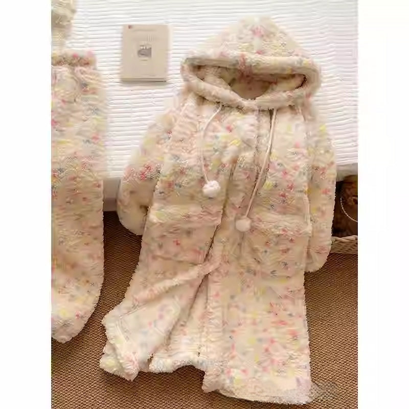 Women's Korean-style Hooded Polka Dot Coral Velvet Pajamas Homewear