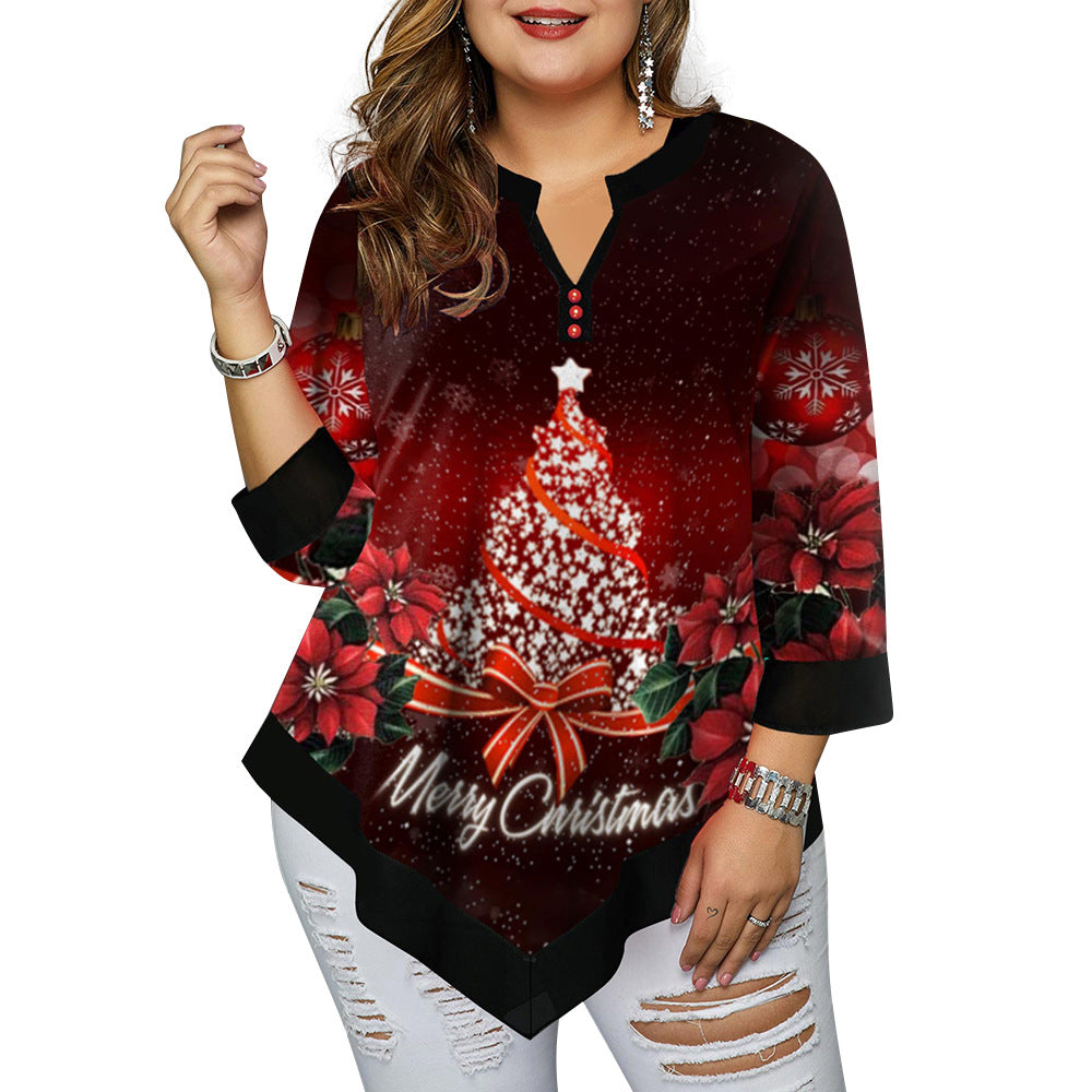 Women's V-neck Shirt Positioning T-shirt Christmas