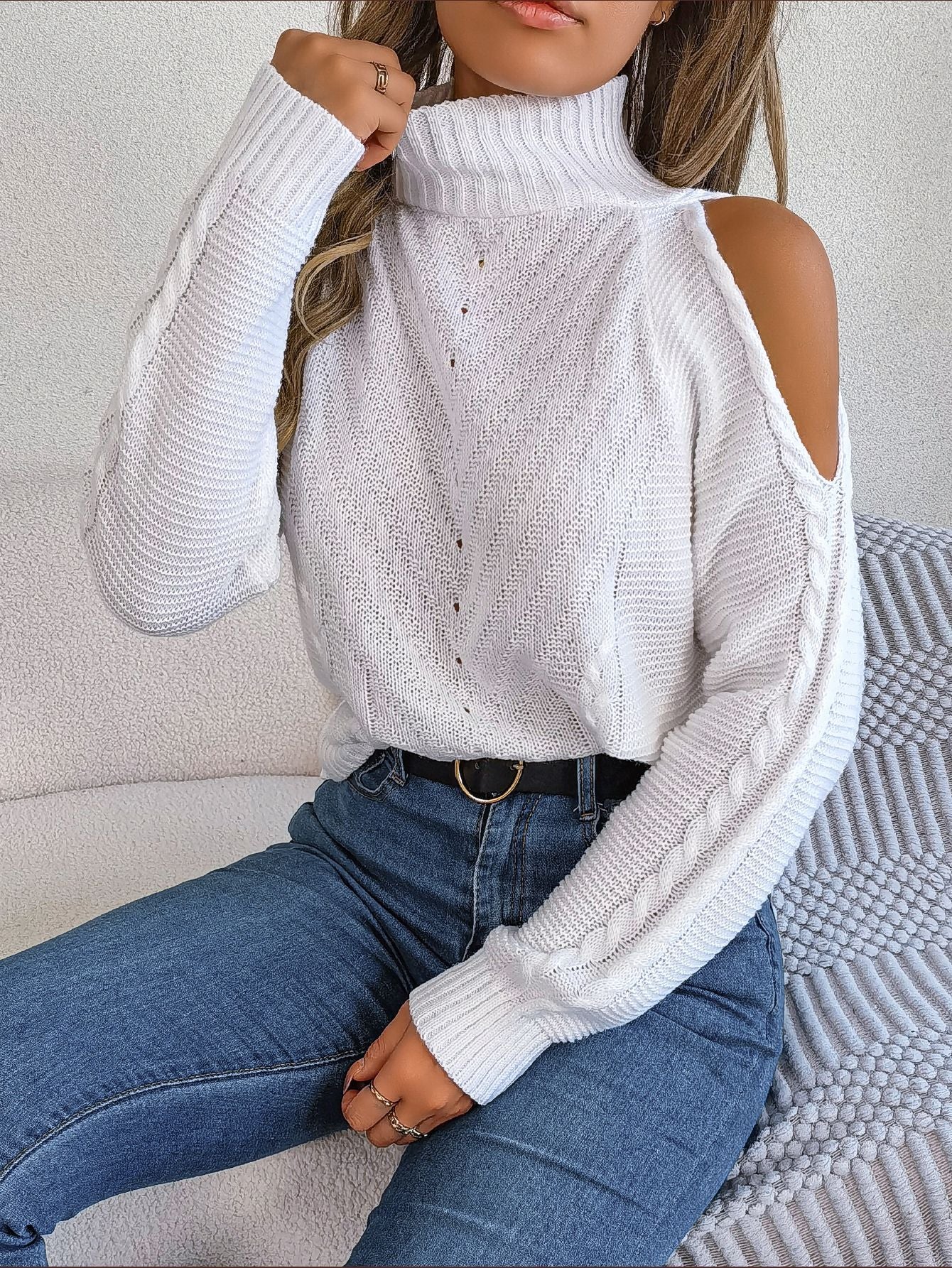 Autumn And Winter Leisure Off-the-shoulder Turtleneck Hollow-out Long Sleeve Knitted Pullover Sweater