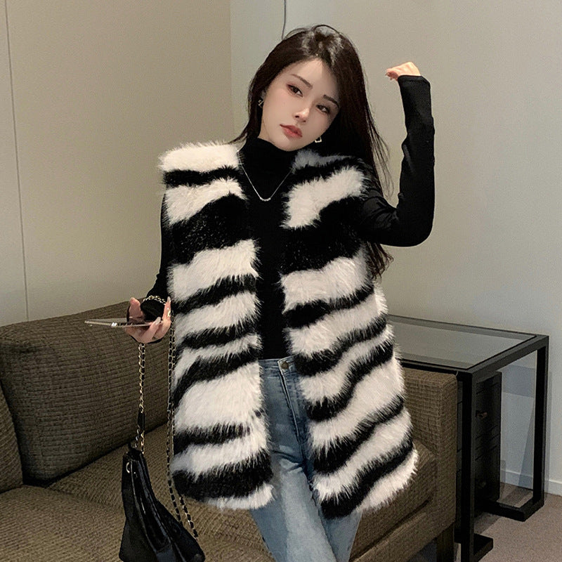 Zebra Pattern Female Temperament Environmental Protection Fur Fried Street Vest Coat