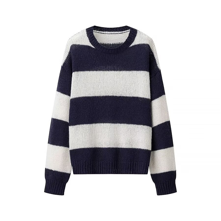 Women's Round Neck Long Sleeve Striped Sweater Top