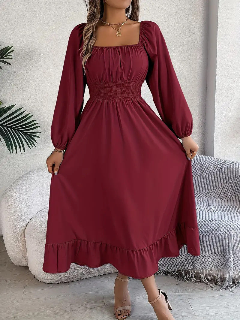 Elegant Casual Ruffled Solid Color Square Collar Large Swing Dress