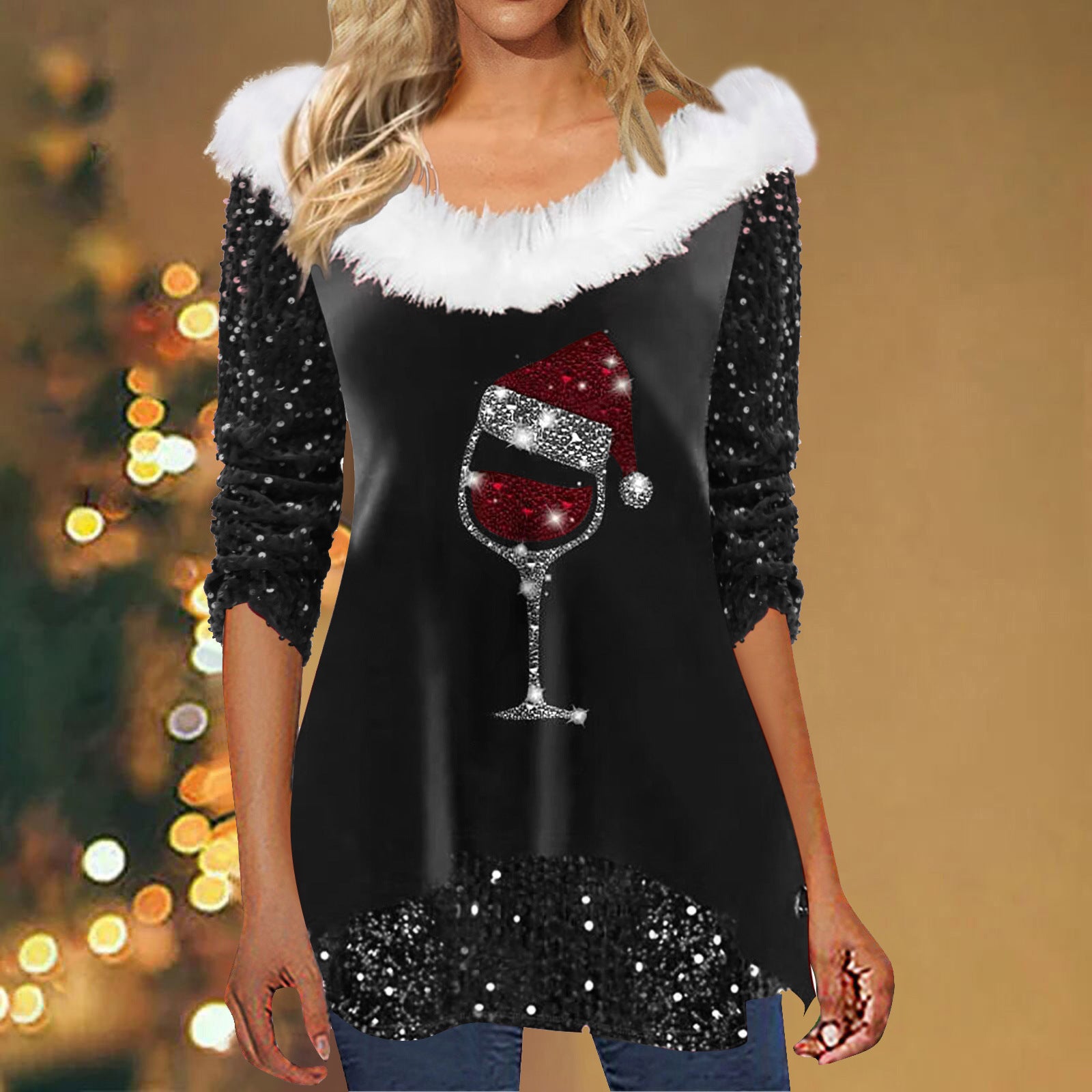 Printed Long Sleeve V-neck Pullover Fur Collar Sequins T-shirt