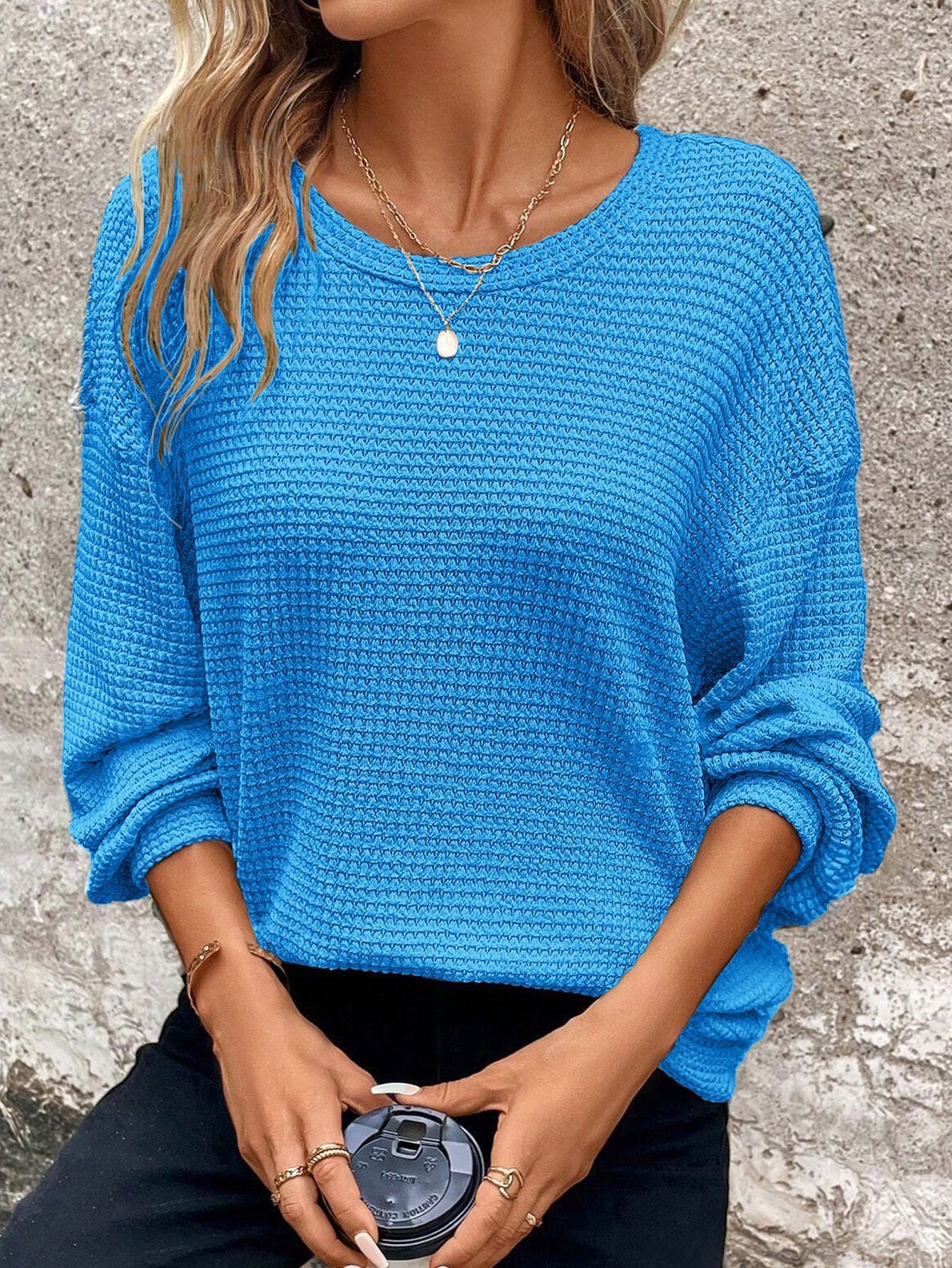 Waffle Round Neck Drop-shoulder Long-sleeve Solid Color Top