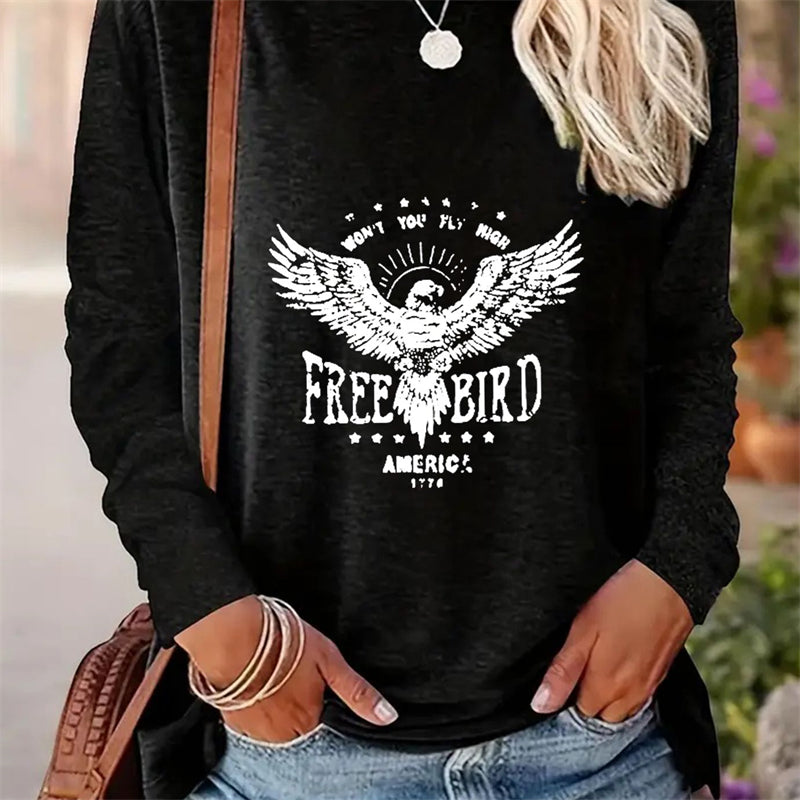 Spring And Autumn Women Casual Simple Pattern Printed Round Neck Long Sleeve T-shirt