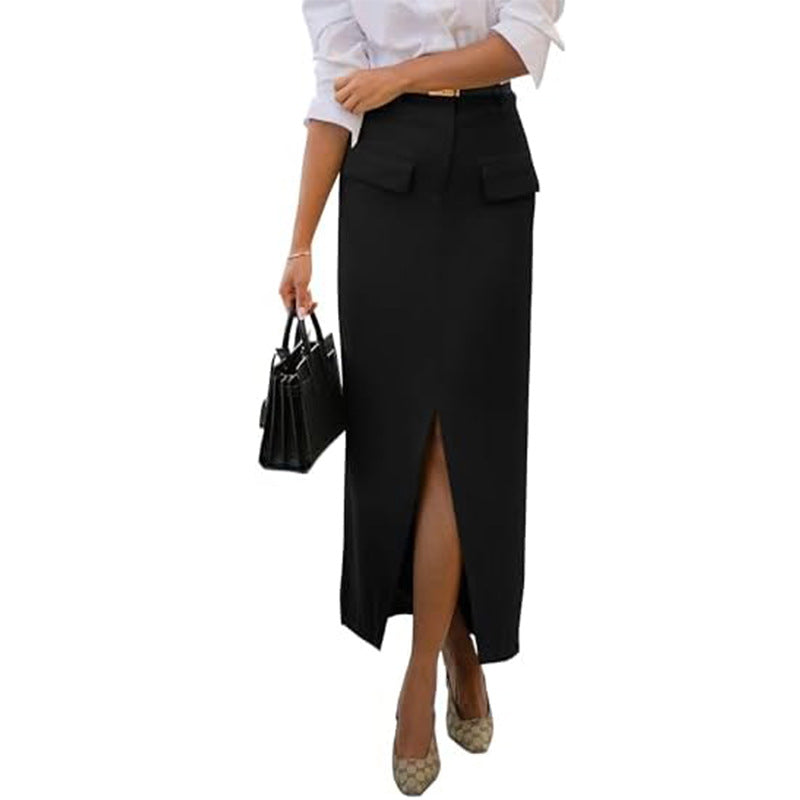 Women's Casual Pocket Slit Bag Hip Skirt